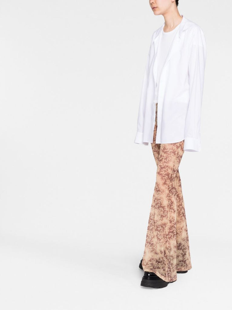 Beige Floral Print Flared Gauze Trousers