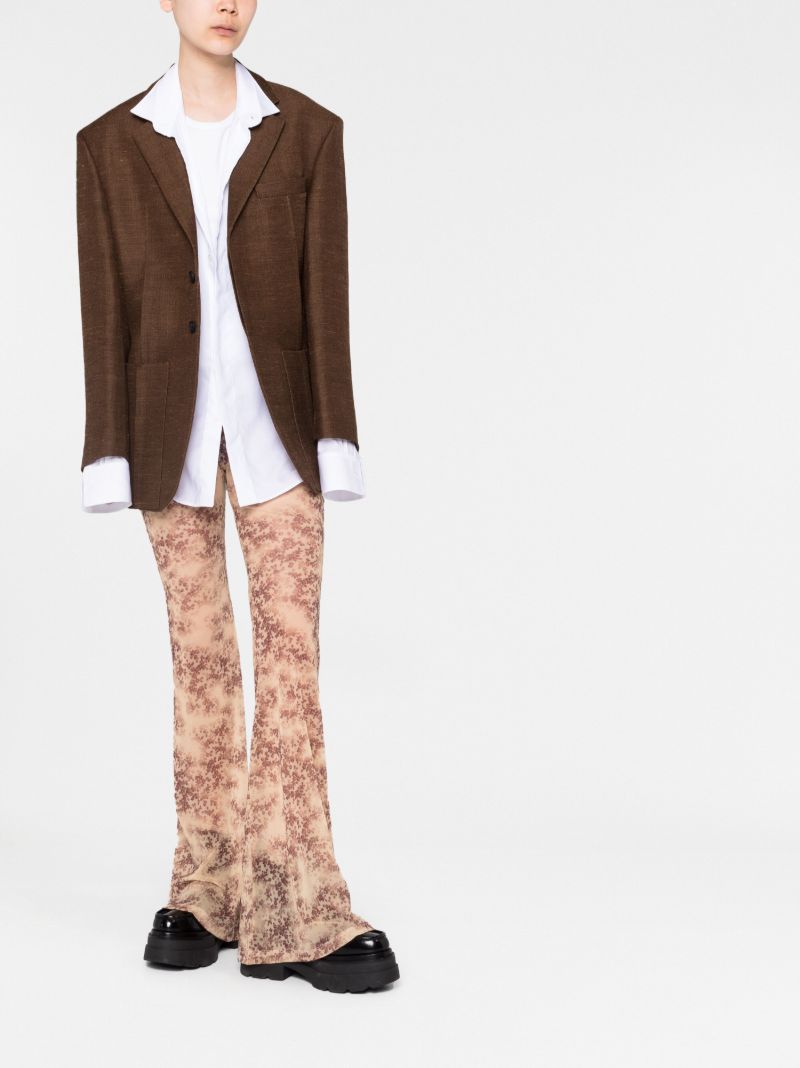 Beige Floral Print Flared Gauze Trousers