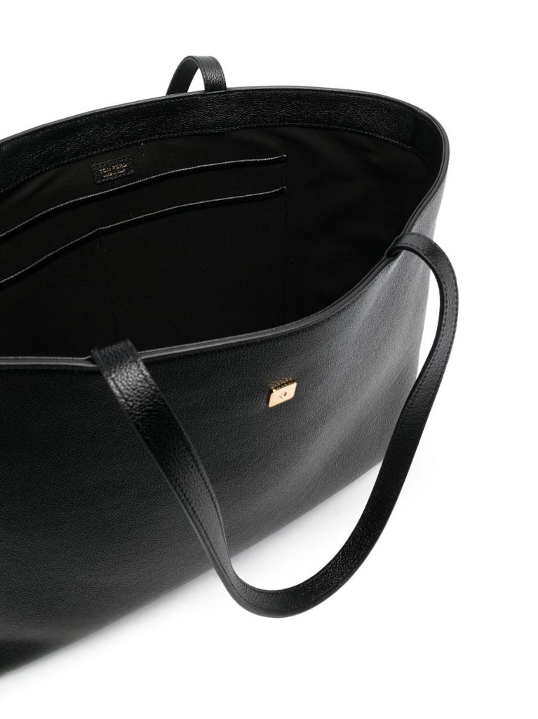 Black Logo Plaque Leather Tote Bag