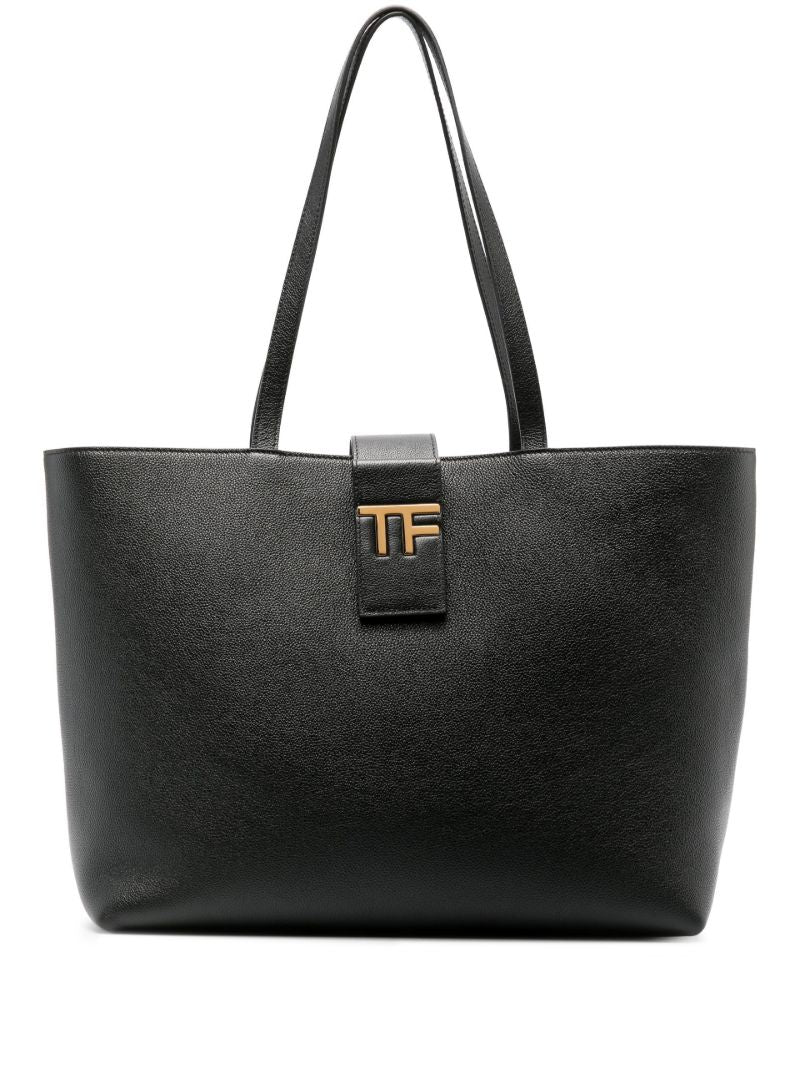 Black Logo Plaque Leather Tote Bag