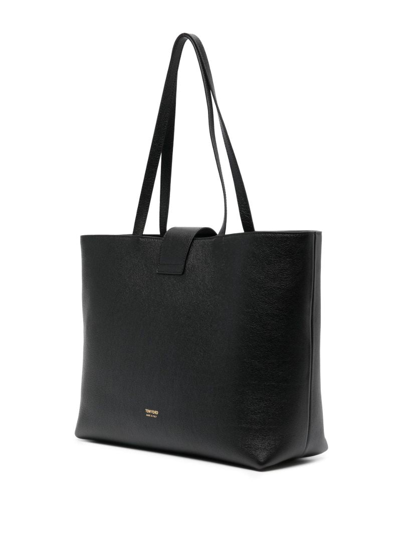 Black Logo Plaque Leather Tote Bag