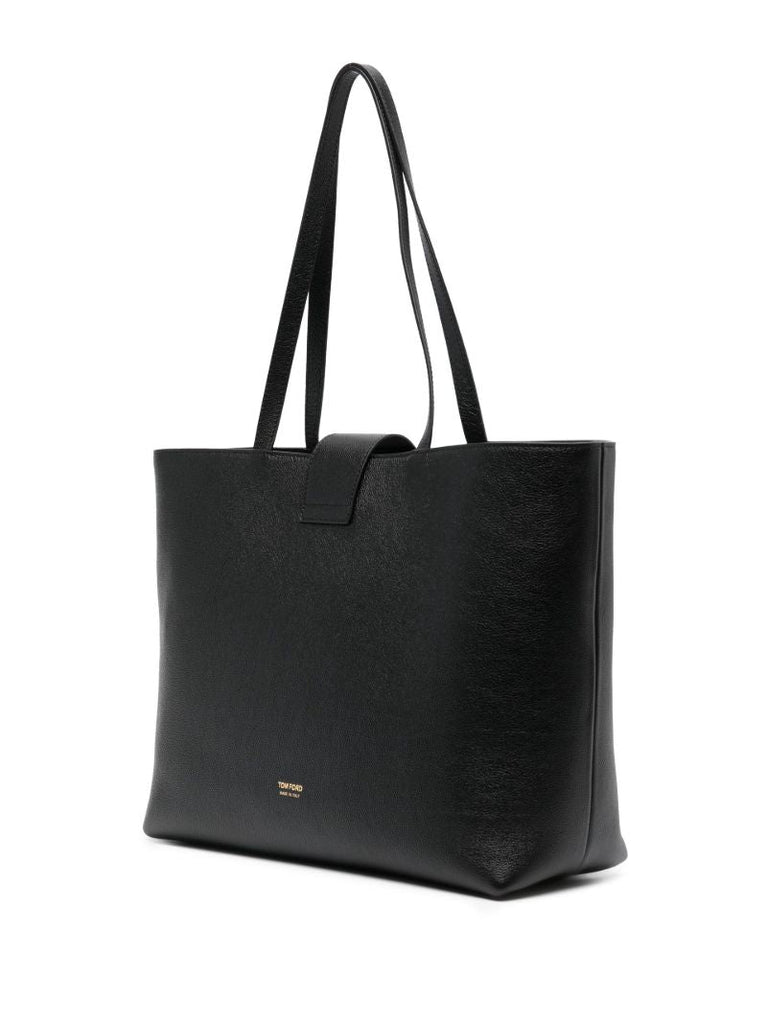 Black Logo Plaque Leather Tote Bag