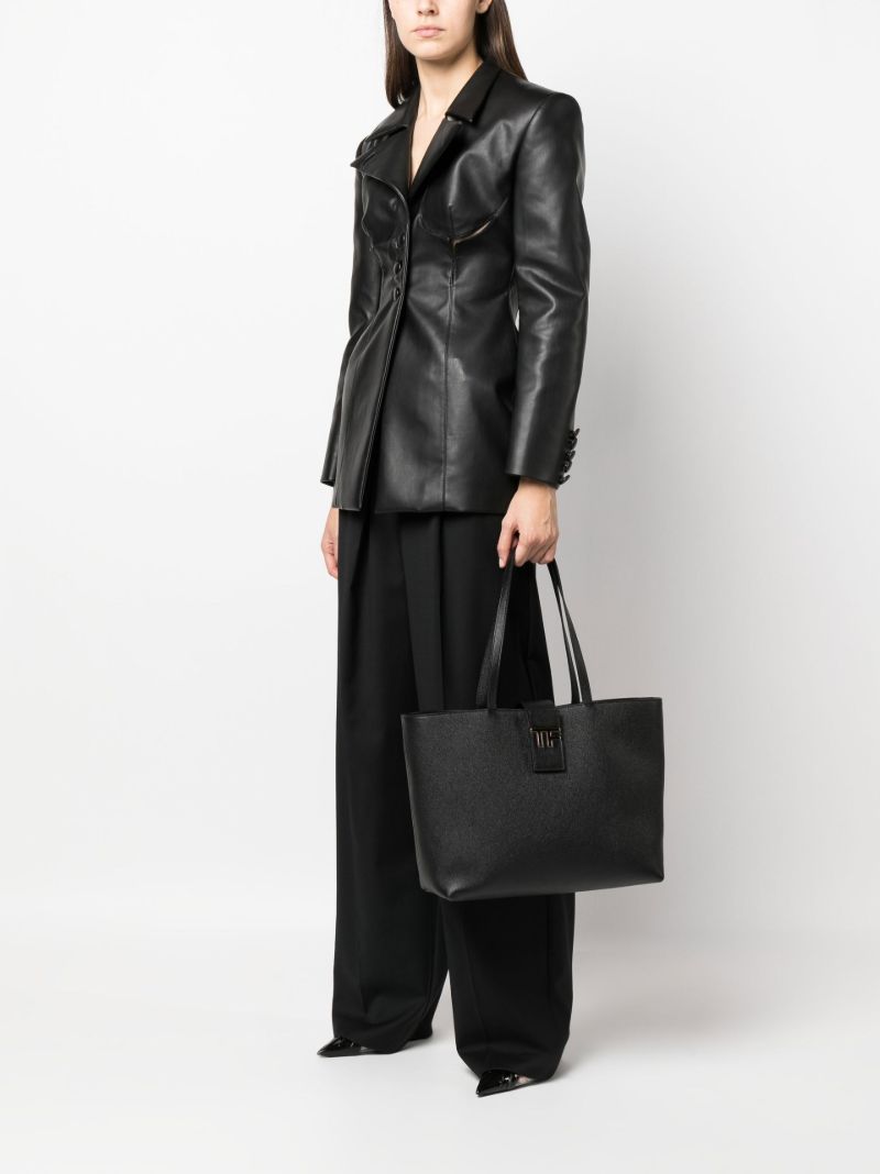 Black Logo Plaque Leather Tote Bag