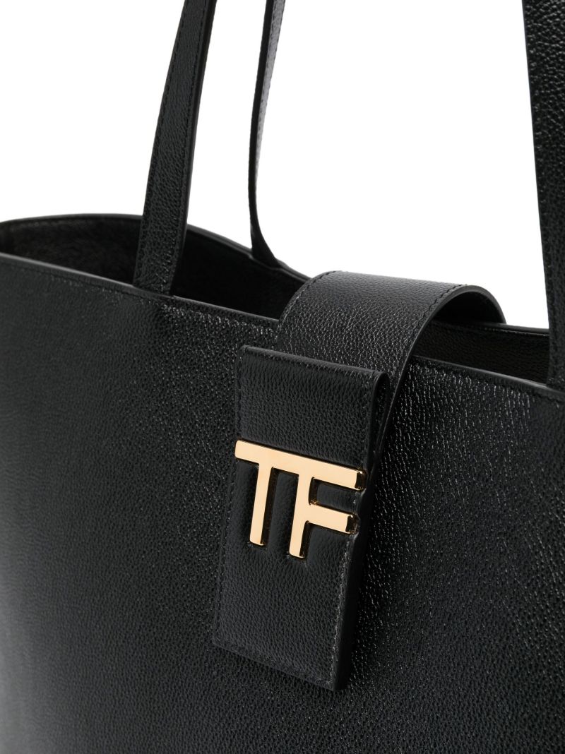 Black Logo Plaque Leather Tote Bag