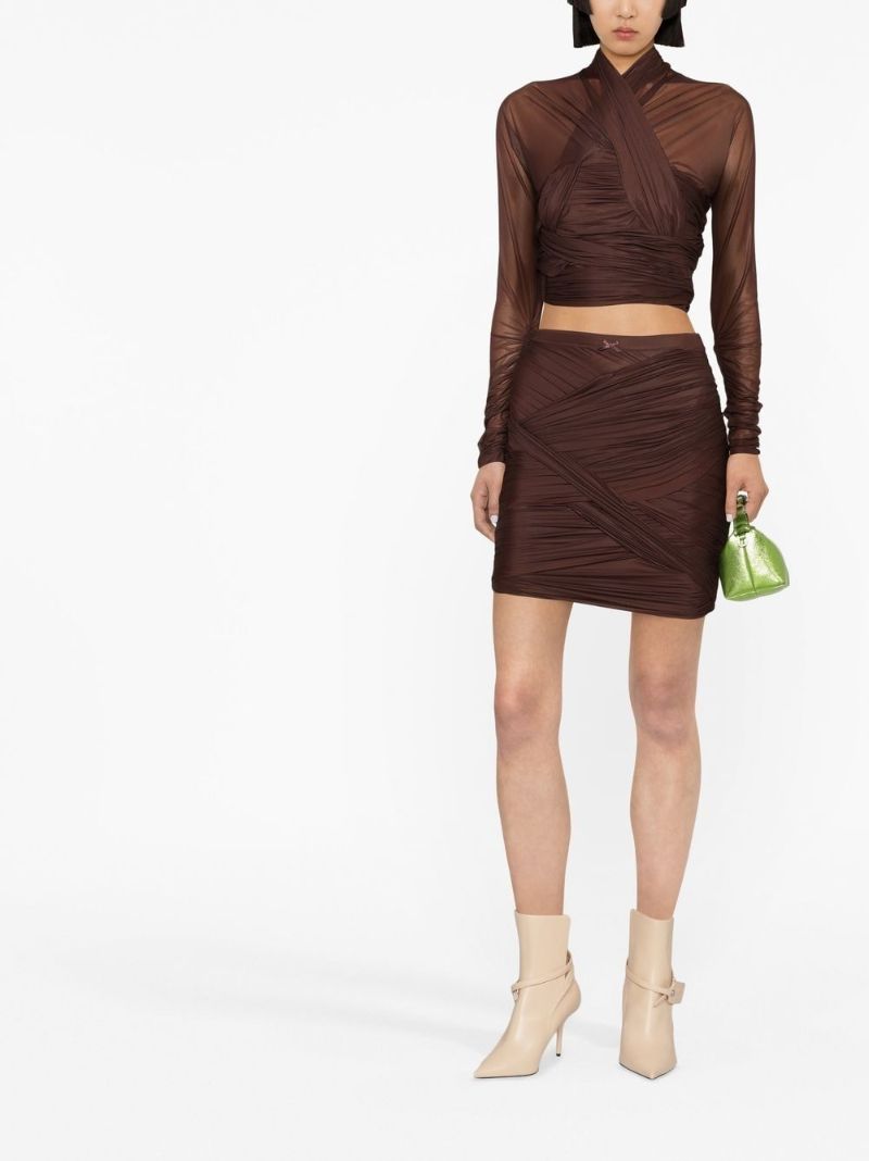Brown Ruched Draped Mini Skirt