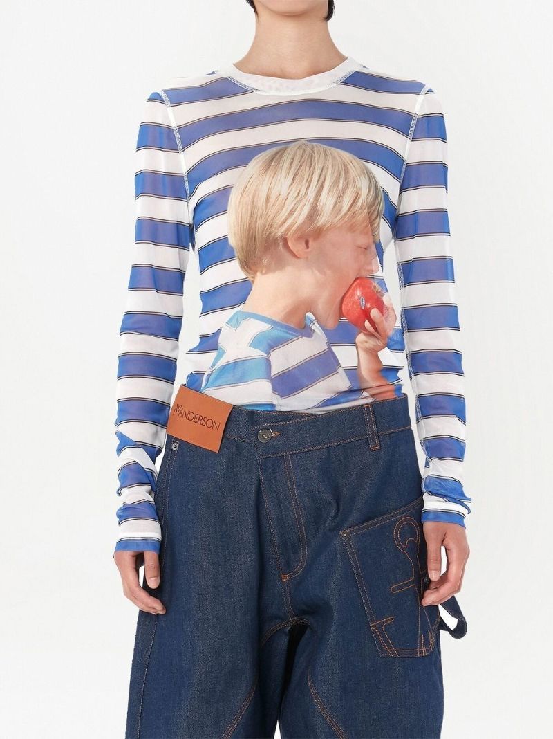 Blue Graphic Print Striped Top