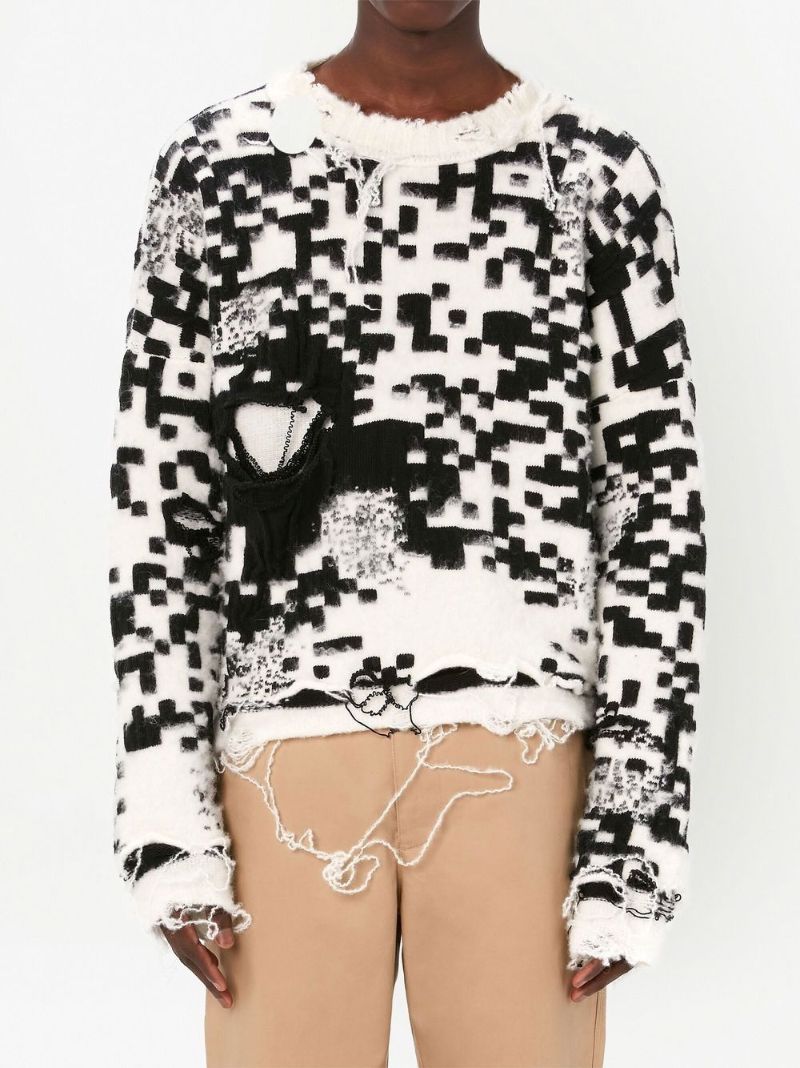 White Qr Code Distressed Jumper