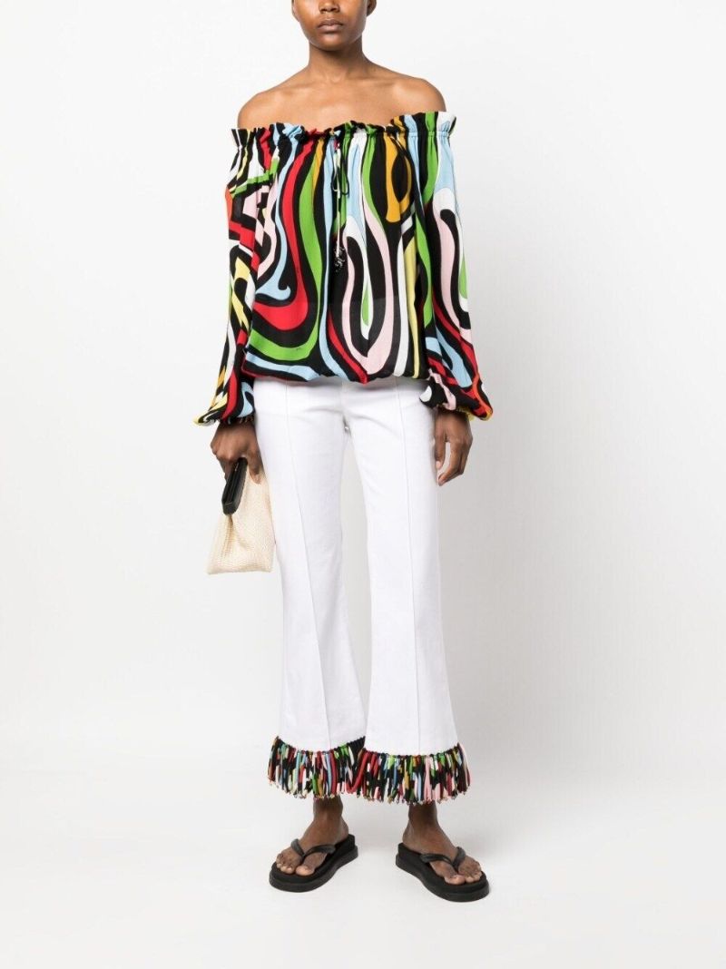 White Marmo-print Flared Trousers