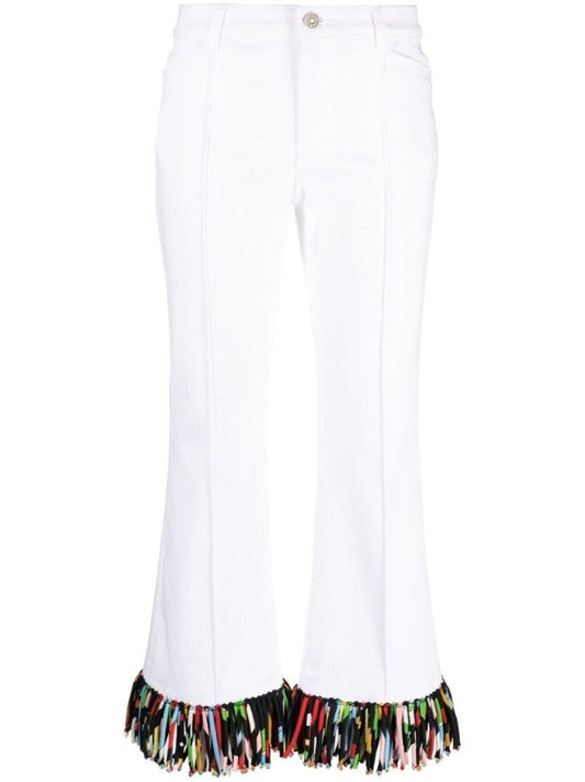 White Marmo-print Flared Trousers