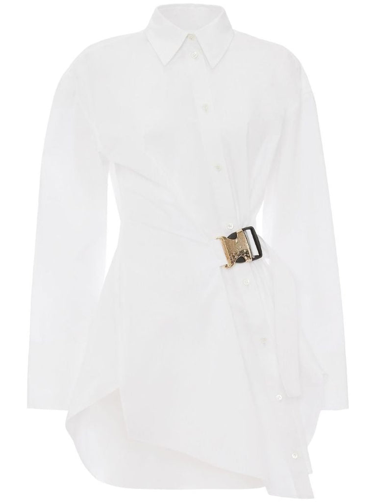White Asymmetric Buckled Cotton Shirt