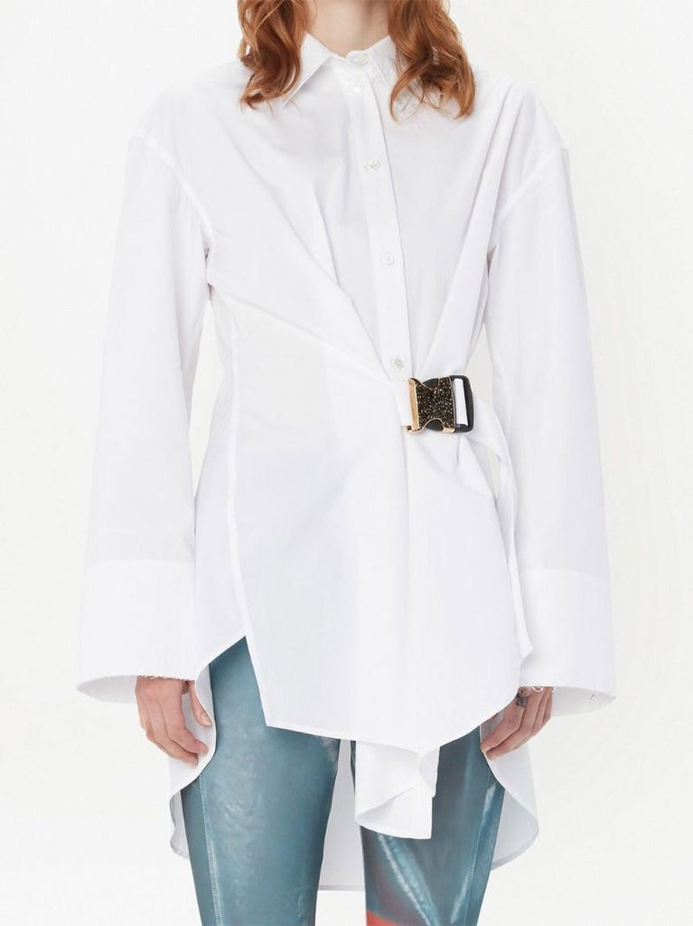 White Asymmetric Buckled Cotton Shirt