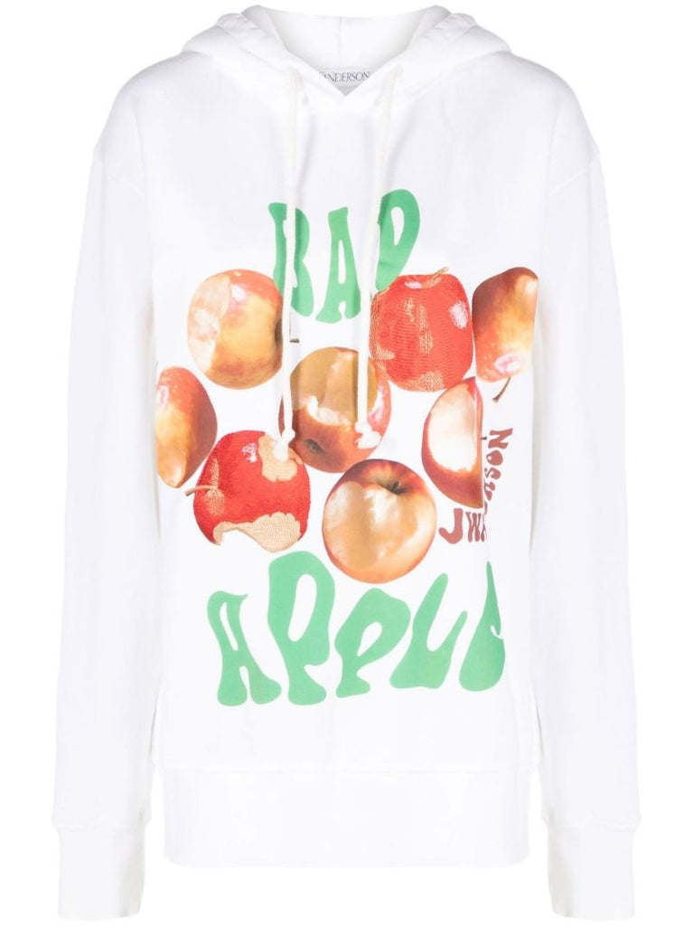 White Bad Apple Print Cotton Hoodie