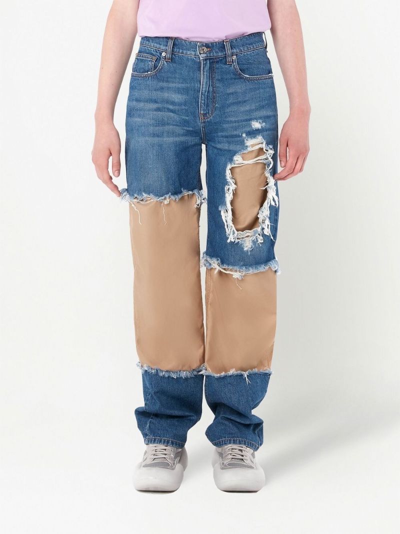 Blue Distressed Patchwork Straight-leg Jeans