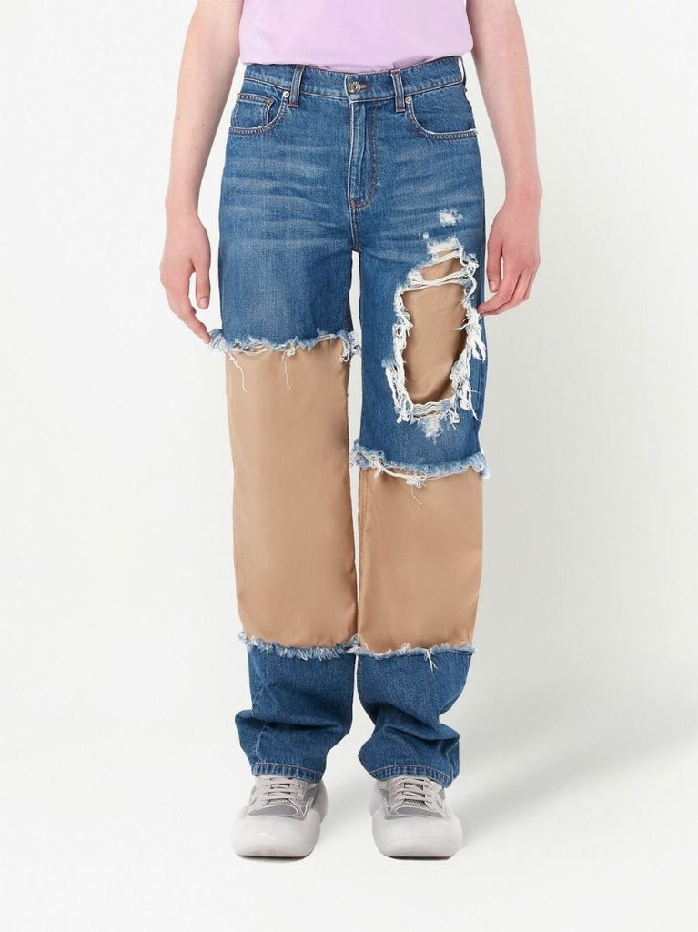 Blue Distressed Patchwork Straight-leg Jeans