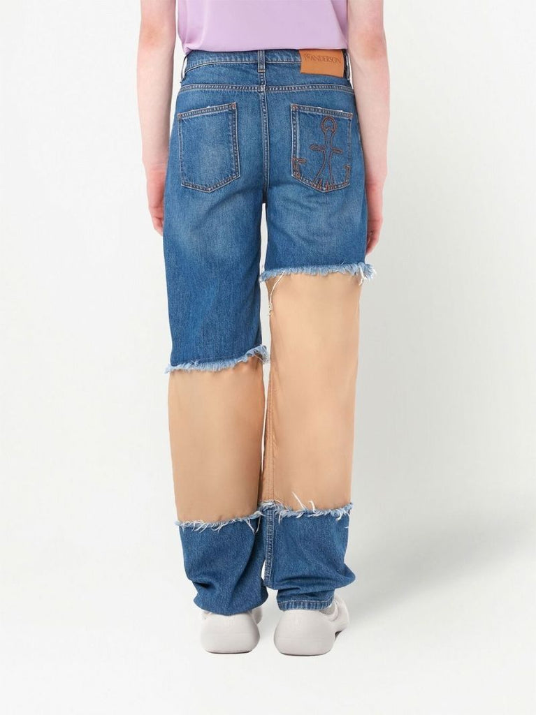 Blue Distressed Patchwork Straight-leg Jeans