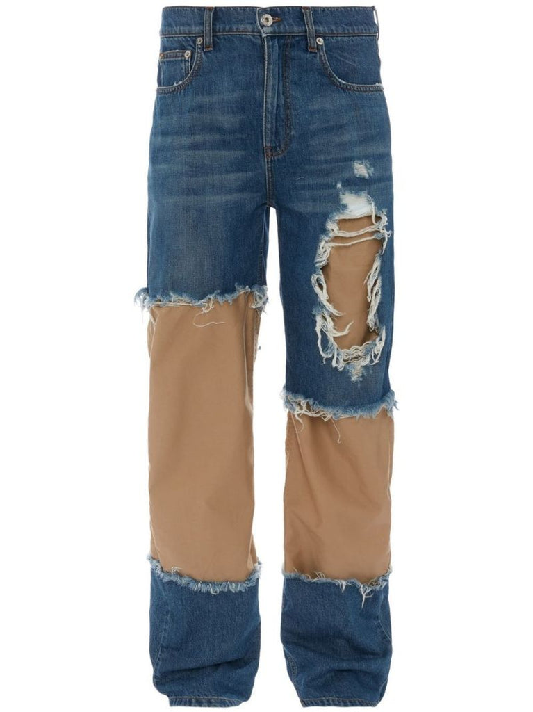 Blue Distressed Patchwork Straight-leg Jeans