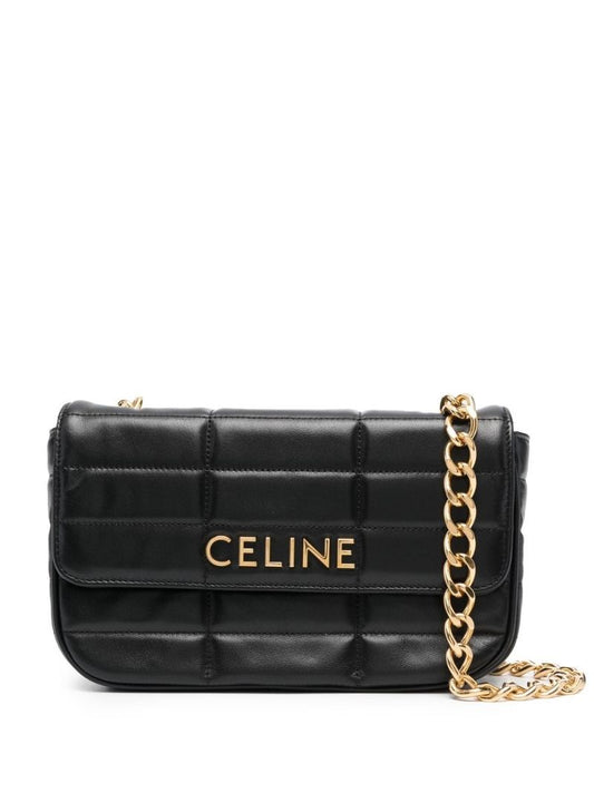 Black Quilted Leather Logo Shoulder Bag