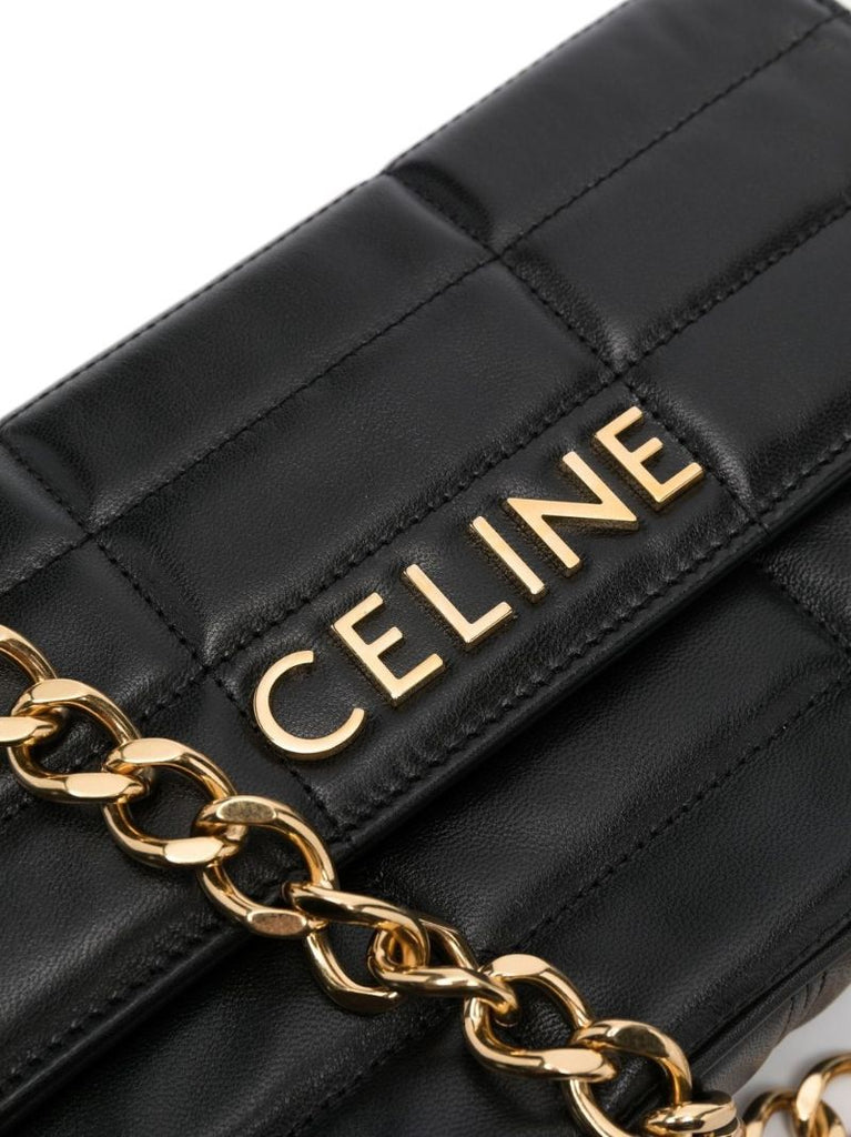 Black Quilted Leather Logo Shoulder Bag