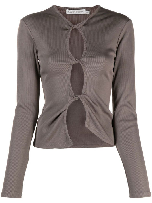 Grey Open Twist Ribbed-knit Top