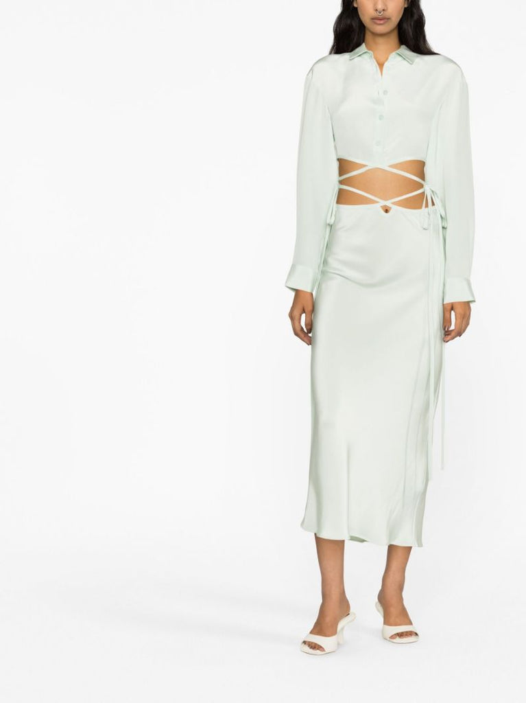 Green Loophole Silk Midi Skirt