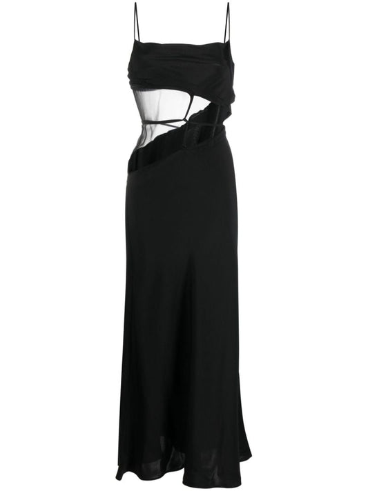 Black Sheer Panel Silk Maxi Dress