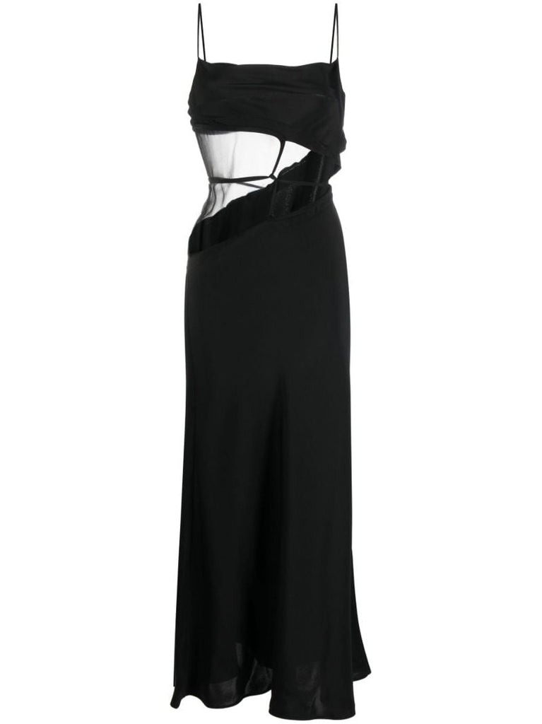 Black Sheer Panel Silk Maxi Dress