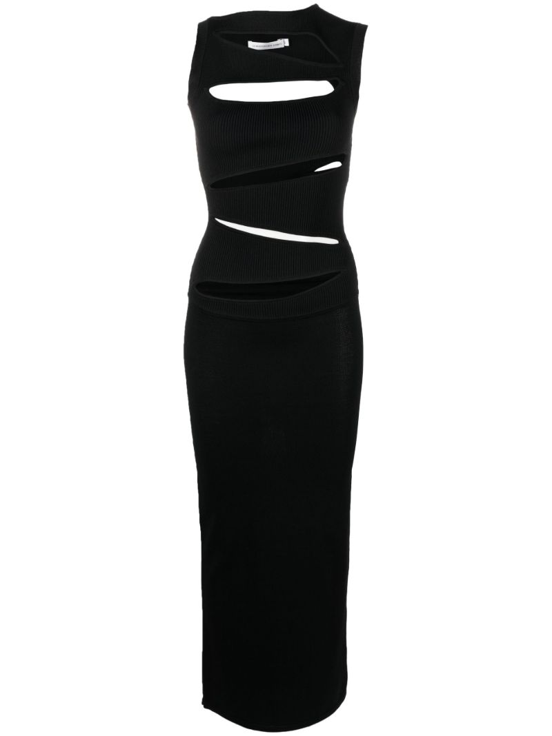 Black Slashed Ribbed-knit Maxi Dress