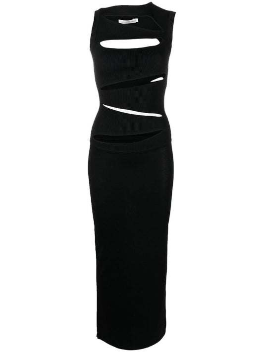 Black Slashed Ribbed-knit Maxi Dress