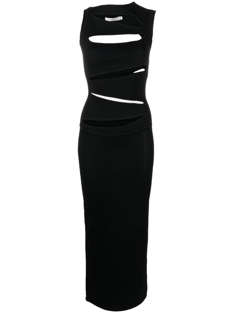 Black Slashed Ribbed-knit Maxi Dress