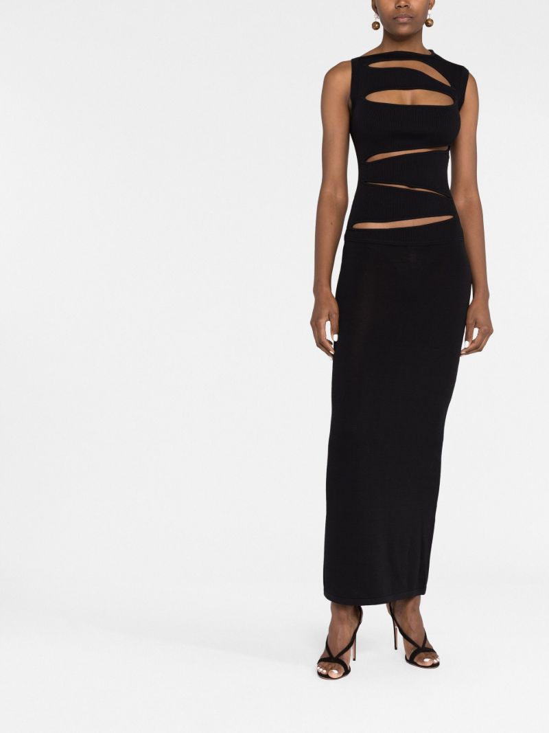 Black Slashed Ribbed-knit Maxi Dress