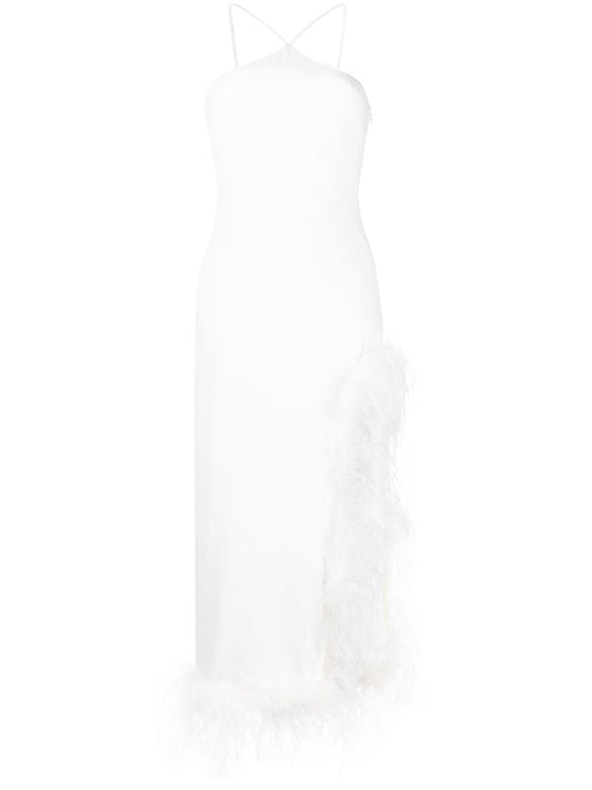 White Cadillac Feather Trim Midi Dress