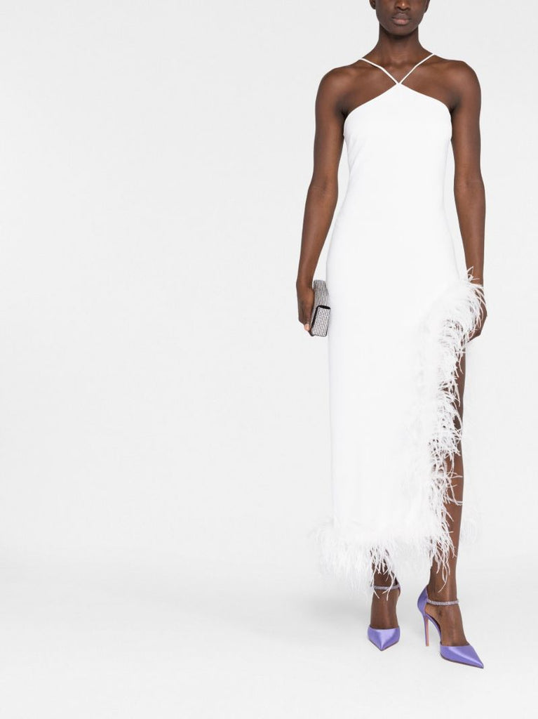 White Cadillac Feather Trim Midi Dress