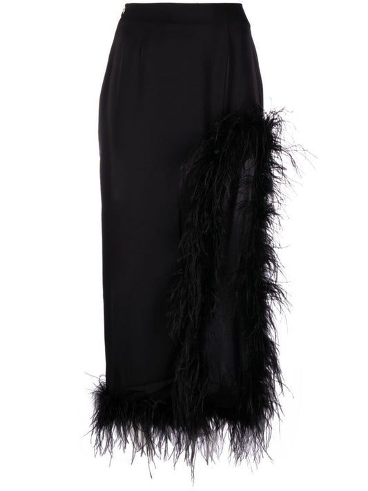 Black Lulo Feather Trim Midi Skirt