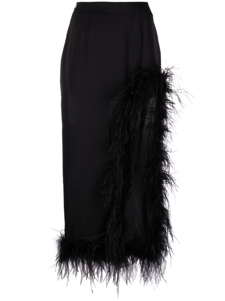 Black Lulo Feather Trim Midi Skirt