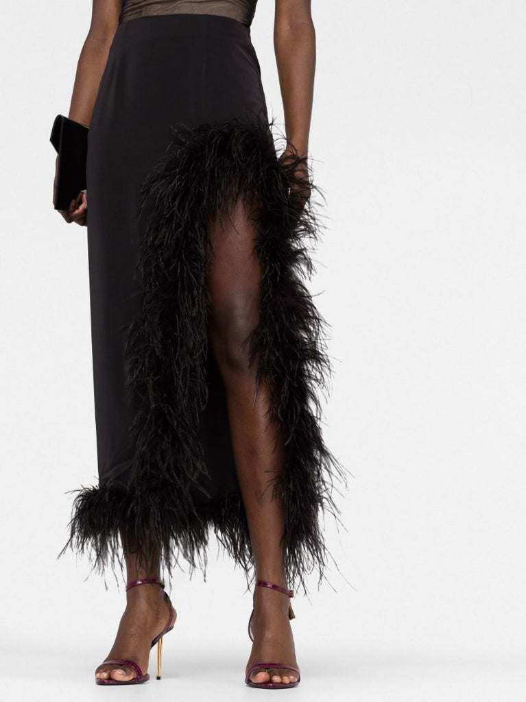Black Lulo Feather Trim Midi Skirt