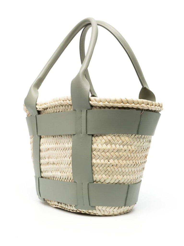 Khaki Green Leather and Raffia Santorini Handbag
