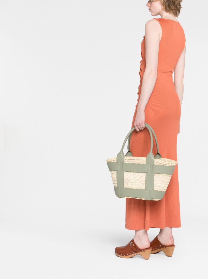 Khaki Green Leather and Raffia Santorini Handbag