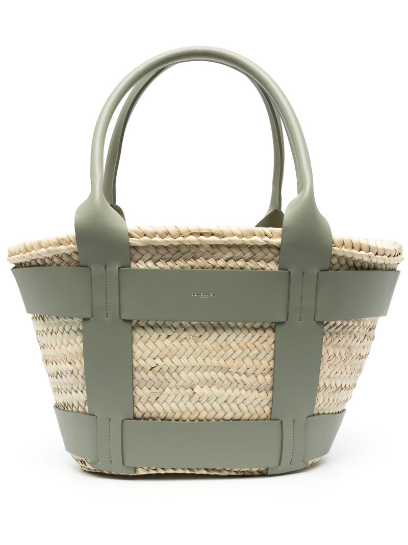 Khaki Green Leather and Raffia Santorini Handbag