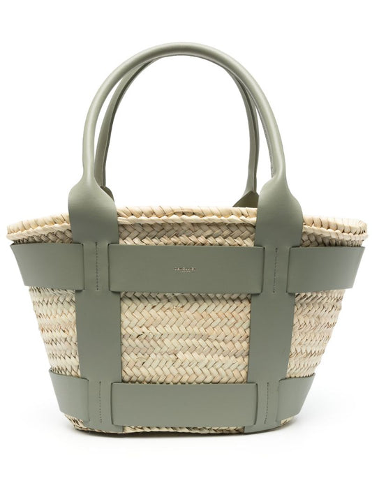 Khaki Green Leather and Raffia Santorini Handbag