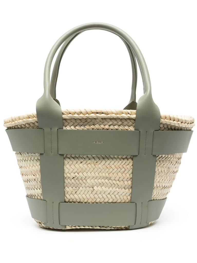 Khaki Green Leather and Raffia Santorini Handbag