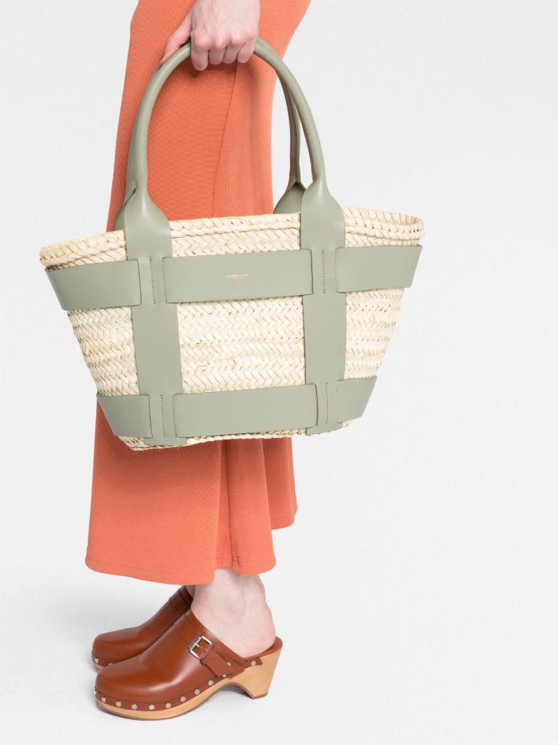 Khaki Green Leather and Raffia Santorini Handbag
