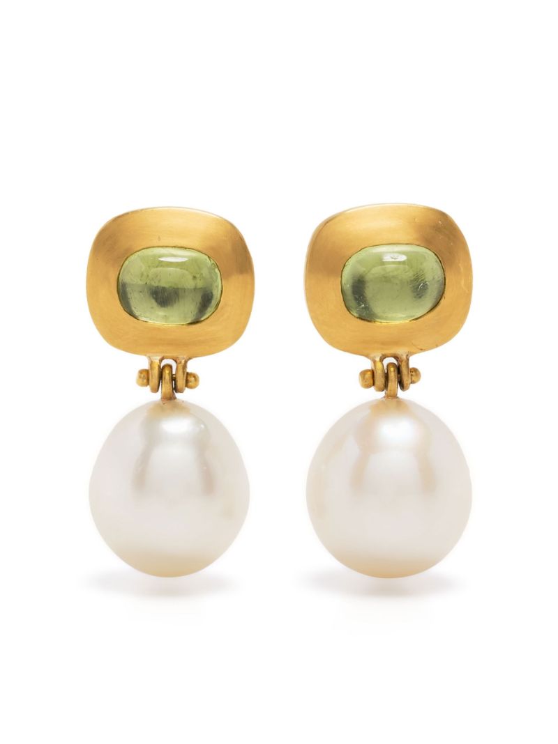 22k Yellow Gold Masona Pearl and Tourmaline Drop Earrings