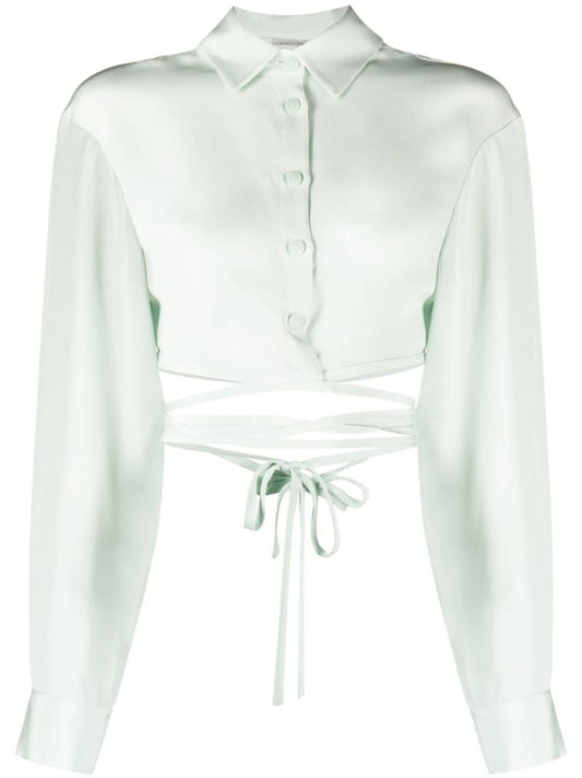 Green Tie Cropped Silk Shirt