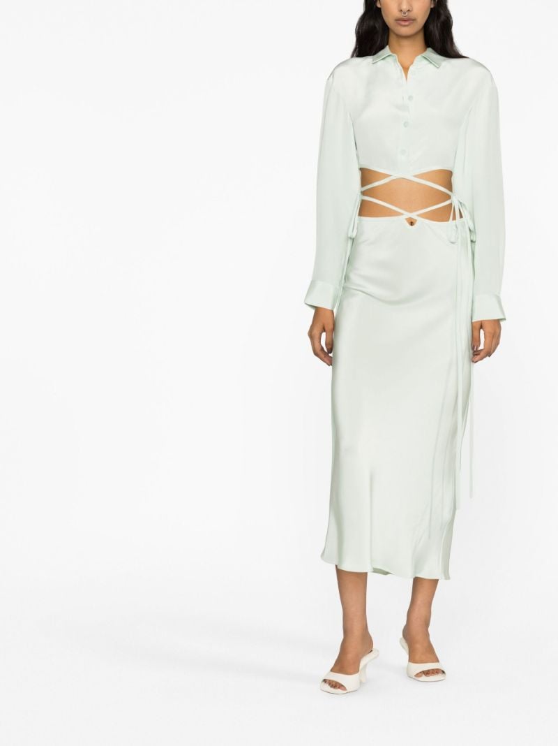 Green Tie Cropped Silk Shirt