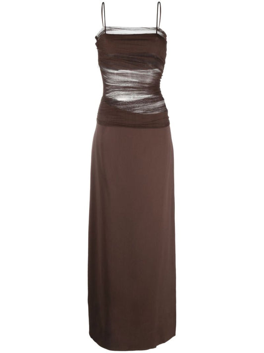 Brown Sheer Panel Silk Dress