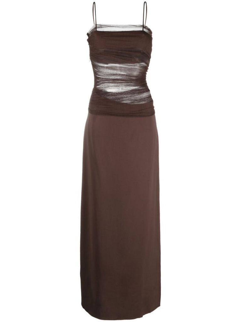 Brown Sheer Panel Silk Dress
