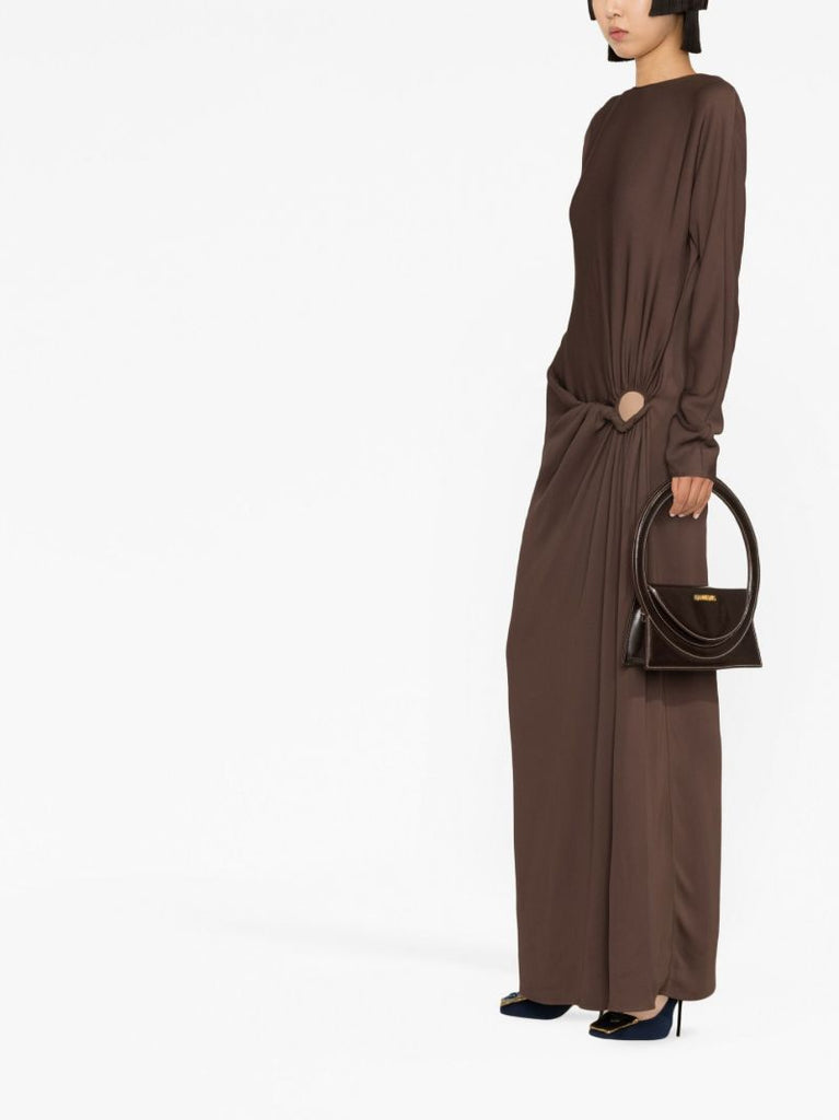 Brown Ruched Long Sleeved Maxi Dress