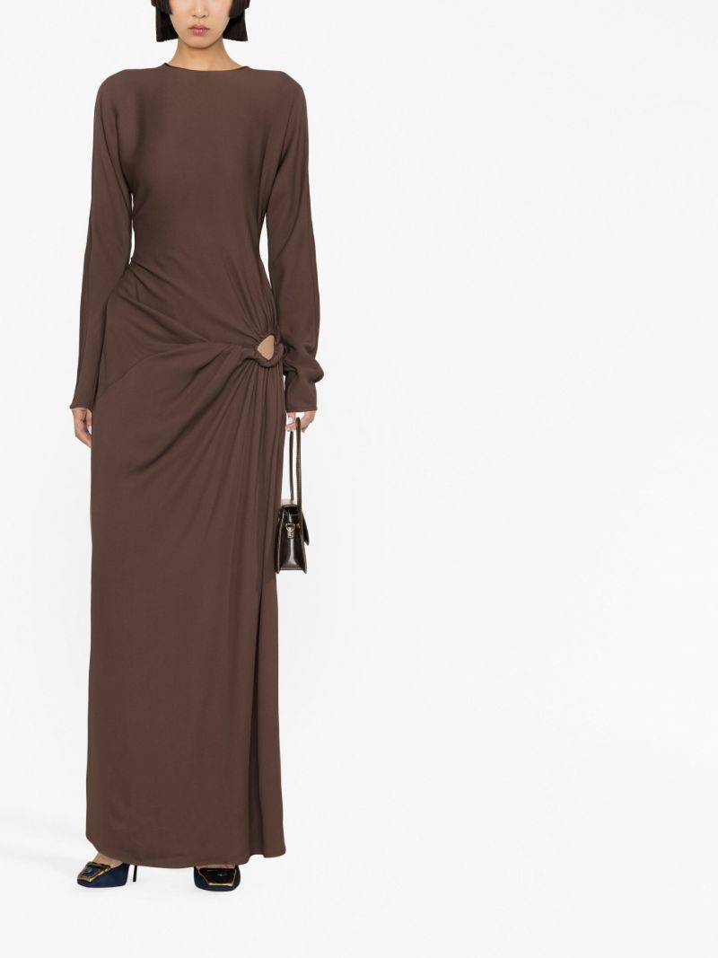 Brown Ruched Long Sleeved Maxi Dress
