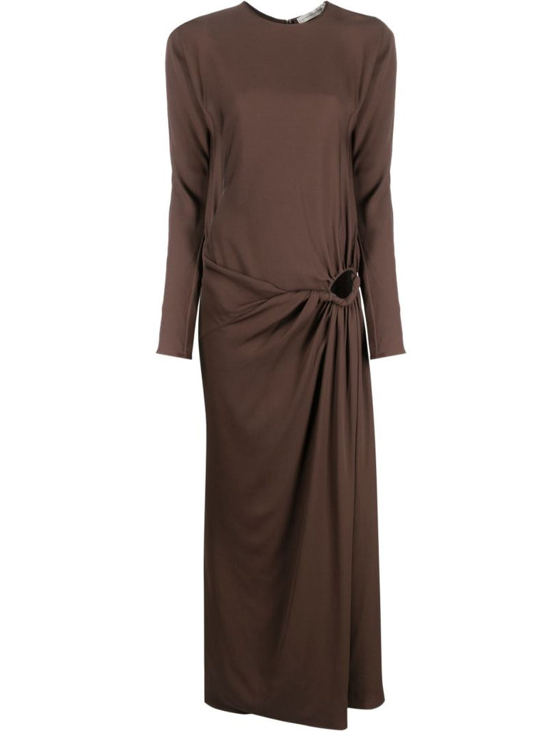 Brown Ruched Long Sleeved Maxi Dress