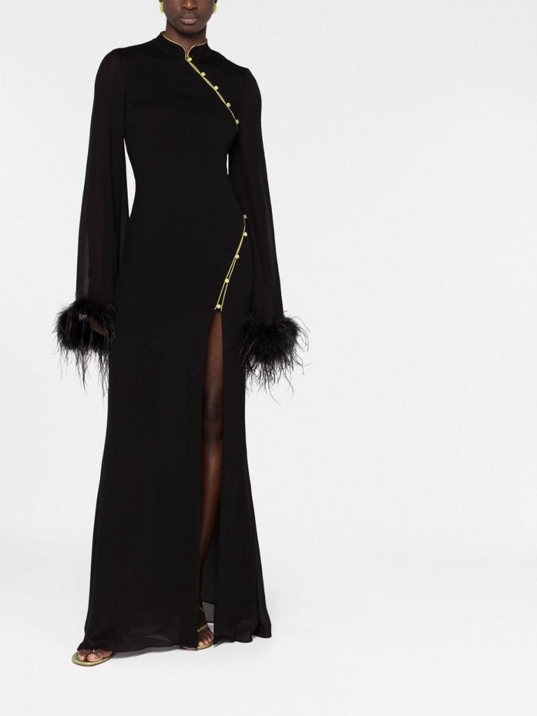 Black Lisa Marie Feather Trim Maxi Dress